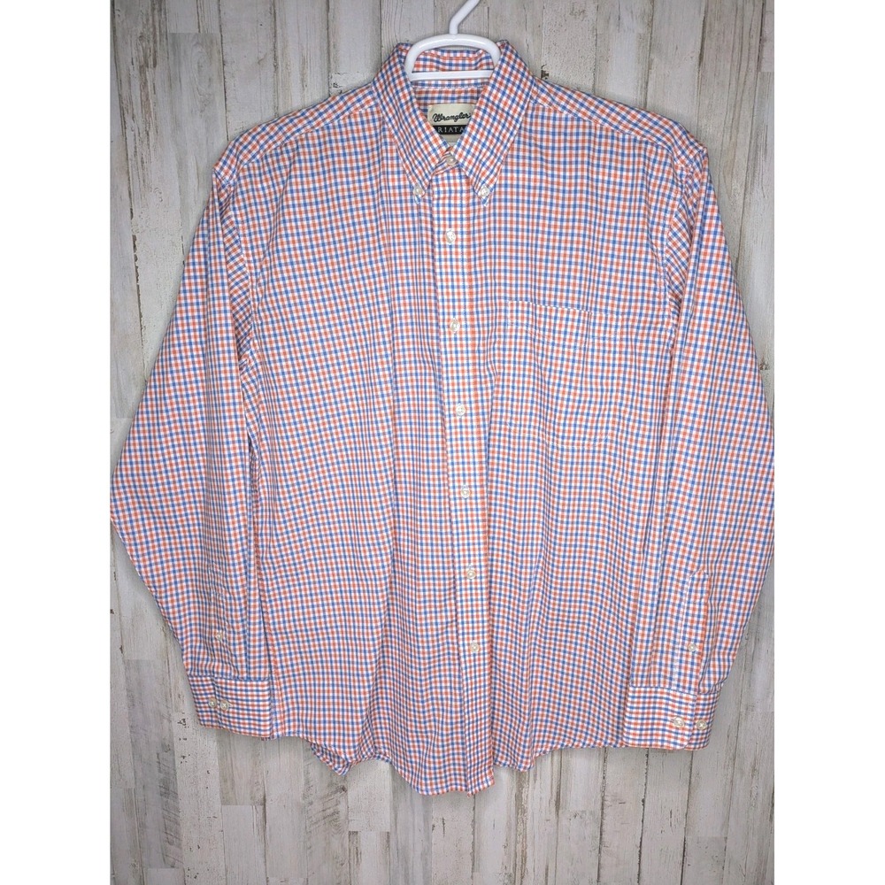 VTG Wrangler Riata Shirt Men Large Blue Orange Plaid Long Sleeve Button-Down
